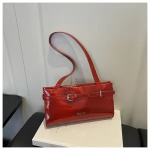 Red patent leather shoulder bag minimalist chic underarm bag for women daily fashion.