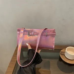 Women Urban Minimalist PU Leather Underarm Bag Stitching Belt Buckle Holographic Laser Small Square Shoulder Bag Zipper Casual Purse Daily Handbag