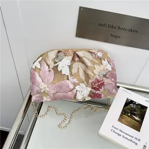 Borsa da Sera con Ricamo Floreale e Paillettes in Nuovo Stile Cinese per Donna Raffinata Borsa a Tracolla Retro con Catena a Nuvola per Banchetti e Feste