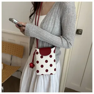 Vista dettagliata di una borsa a secchiello retro a pois rossi e bianchi per donna.