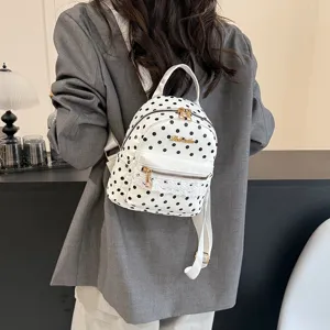 Women polka dot mini backpack with lace trim cute stylish casual school daypack white