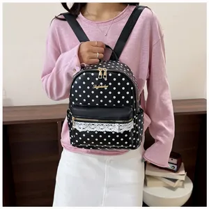 Black and white polka dot women backpack with lace trim, large capacity daily school bag.