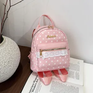 Women's Fashion Polka Dot Print Backpack Large Capacity PU Leather School Bag For Students Sweet Lace Casual Daypack