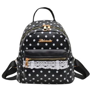 Fashion black polka dot backpack for women, cute lace trim school bag, casual daily daypack.