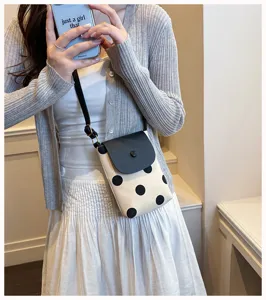 Minimalist women crossbody phone bag, casual canvas polka dot shoulder bag for daily travel.