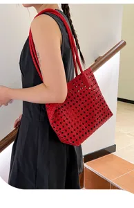 Kokkini plekti dermatini tsanta tote gia gynaikes, kompsi casual tsanta omou, chic tsanta.