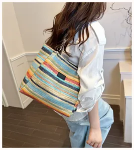Sommer neue große Stroh Tote Tasche, stilvolle bunte gestreifte Strand Umhängetasche.