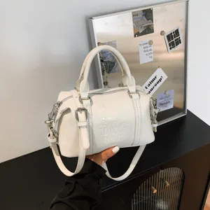 Bolso Boston Vintage de Cuero PU para Mujer Letras en Relieve Cosido Asa Superior Bolso Cruzado Nicho Coreano Casual Bolso de Hombro Viaje Handbag
