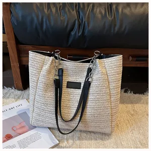 Modische Sommer geflochtene Strohtasche mit Kettengriffen, große Strand Umhängetasche.