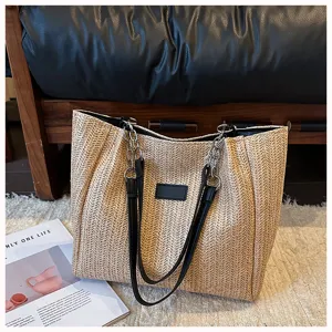 Sommer große Kapazität Stroh gewebte Tote Bag, stylische Strand Urlaub Schultertasche mit Kette.