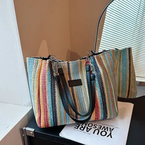 Große Kapazität Stroh Tote Bag Damen Sommer Strand Urlaub Gewebte Umhängetasche Mit Kettenträger Lässige Handtasche