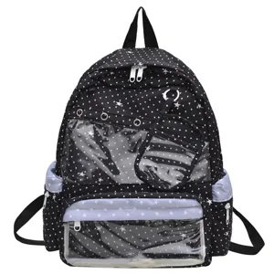 Cute black star pattern ita backpack with clear window for anime pins and daily school use.