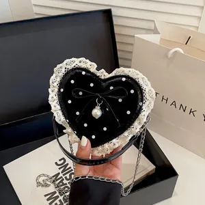 Black heart shaped lace polka dot shoulder bag with pearl bow, sweet cute handbag.