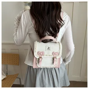 Sweet pink white mini backpack with lace trim and cute bow for women daily fashion style cute bag
