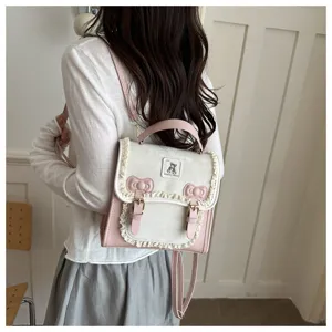 Cute pink and white backpack for women girls, sweet style school bag with ruffles bows.