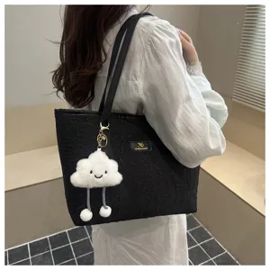 Black crinkled tote bag with cute cloud keychain, large capacity casual commute shoulder handbag for women