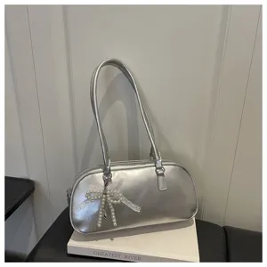 Sac à main sous les bras oreiller argenté design de niche coréen avec nœud dentelle perle