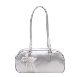 Sac à épaule argenté style coréen pour femme, élégant sac oreiller avec nœud de perles.
