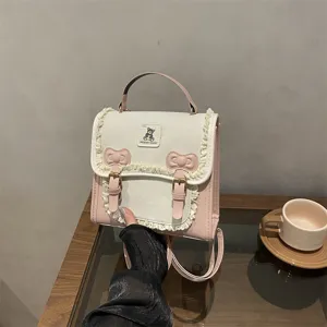 Sweet Lolita Lace Trim Bow Backpack For Women Small PU Leather Crossbody Bag Cute Bear Patch Square Convertible Backpack