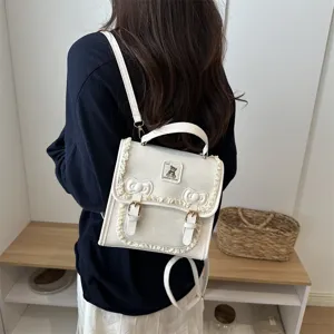 Women white PU leather backpack crossbody bag with lace trim cute bow daily casual style main view