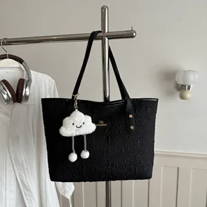 Women Fashion Pleated Texture PU Leather Tote Bag Large Capacity Commuter Shoulder Bag Handbag With Cloud Plush Pendant Accessory