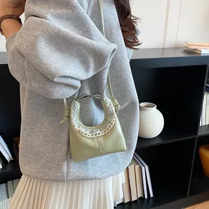 Small green crescent crossbody bag with lace trim, trendy mini hobo bag for women fashion
