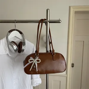 Stylish brown PU leather shoulder bag, minimalist daily pillow handbag with pearl bow charm