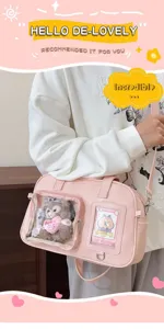 Borsa a tracolla ita rosa stile coreano con finestra trasparente, grande tote bag versatile.