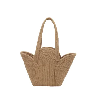 Französische retro geflochtene Baumwollseil Handtasche, große Kapazität modische Umhängetasche.