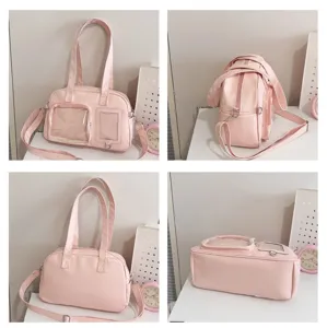 Borsa a tracolla in pelle PU rosa con finestra trasparente e dettagli prodotto multi-angolo.