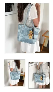 Large capacity denim tote bag shoulder handbag with cute bear pendant for daily commuting.