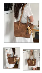 Large capacity casual shoulder tote bag with cute bear charm for daily commute style.