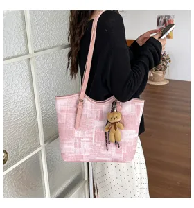Chic pink plaid tote bag with bear charm, perfect stylish casual shoulder bag for summer daily.