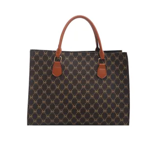 Borsa tote monogram marrone chic da donna, elegante borsa in ecopelle PU con manici.