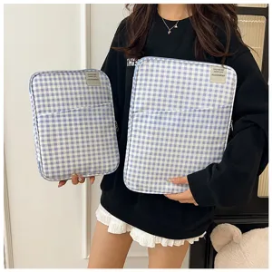 Moderne blauw wit geruite laptop sleeve grote capaciteit casual studenten opbergtas