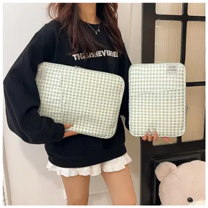 Groen-wit geruite laptophoes set, minimalistische canvas organizer tas voor dagelijks gebruik.