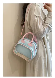 Élégant sac bandoulière transparent vue de détail, joli design en bleu et rose.