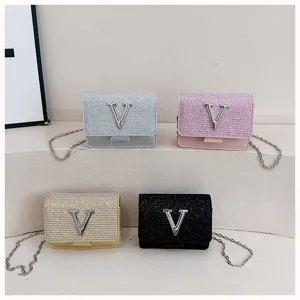 Sac à bandoulière carré à chaîne et logo V scintillant style coréen pour femmes élégantes