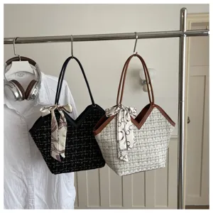 Dames tweed shopper tas met V-hals ontwerp en stijlvolle sjaallint, casual schoudertas.