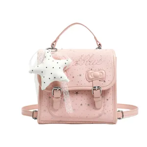 Mini zaino rosa stile dolce con motivo a stelle, fiocco carino e ciondolo per l'uso quotidiano.
