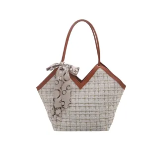 Chique geweven tweed tote tas voor dames met bruine lederen afwerking en leuke sjaal