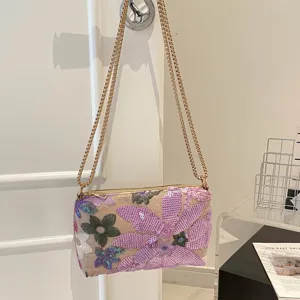 Schoudertas met pailletten bloemen borduurvak, stijlvolle vakantie stijl handtas.