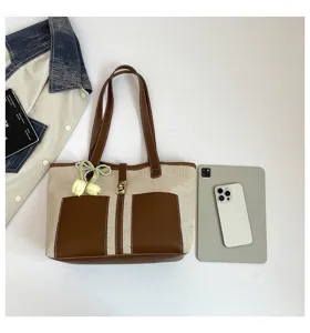 Bolso shopper colorblock de lona detalle, bolso de hombro casual diario con correas dobles.