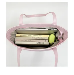 Women pink PU leather tote bag large capacity casual commuter handbag interior detail view