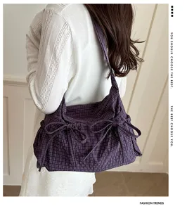 Borsa a tracolla a quadri viola con fiocco, grande borsa casual per l'uso quotidiano.