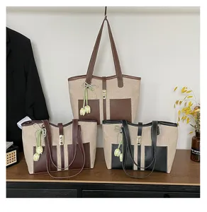 Bolso shopper de lona con patchwork de cuero PU, gran bolso de hombro para trabajo diario
