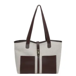 Bolso tote elegante de lona para mujer, gran bolso de hombro con cuero marrón y cerradura.