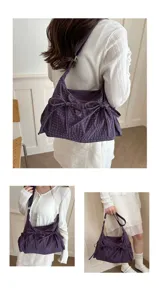 Borsa a tracolla a quadri viola vintage con fiocco, grande borsa casual per studentesse pendolari