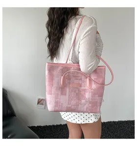 Sac cabas rose pour femmes, grand sac à épaule élégant, sac à main de banlieue décontracté.