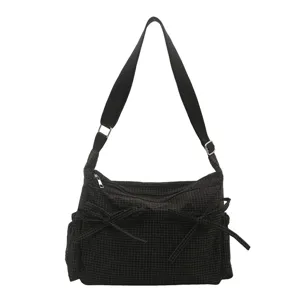 Borsa a tracolla nera a quadri con fiocco, borsa casual da donna per uso quotidiano.